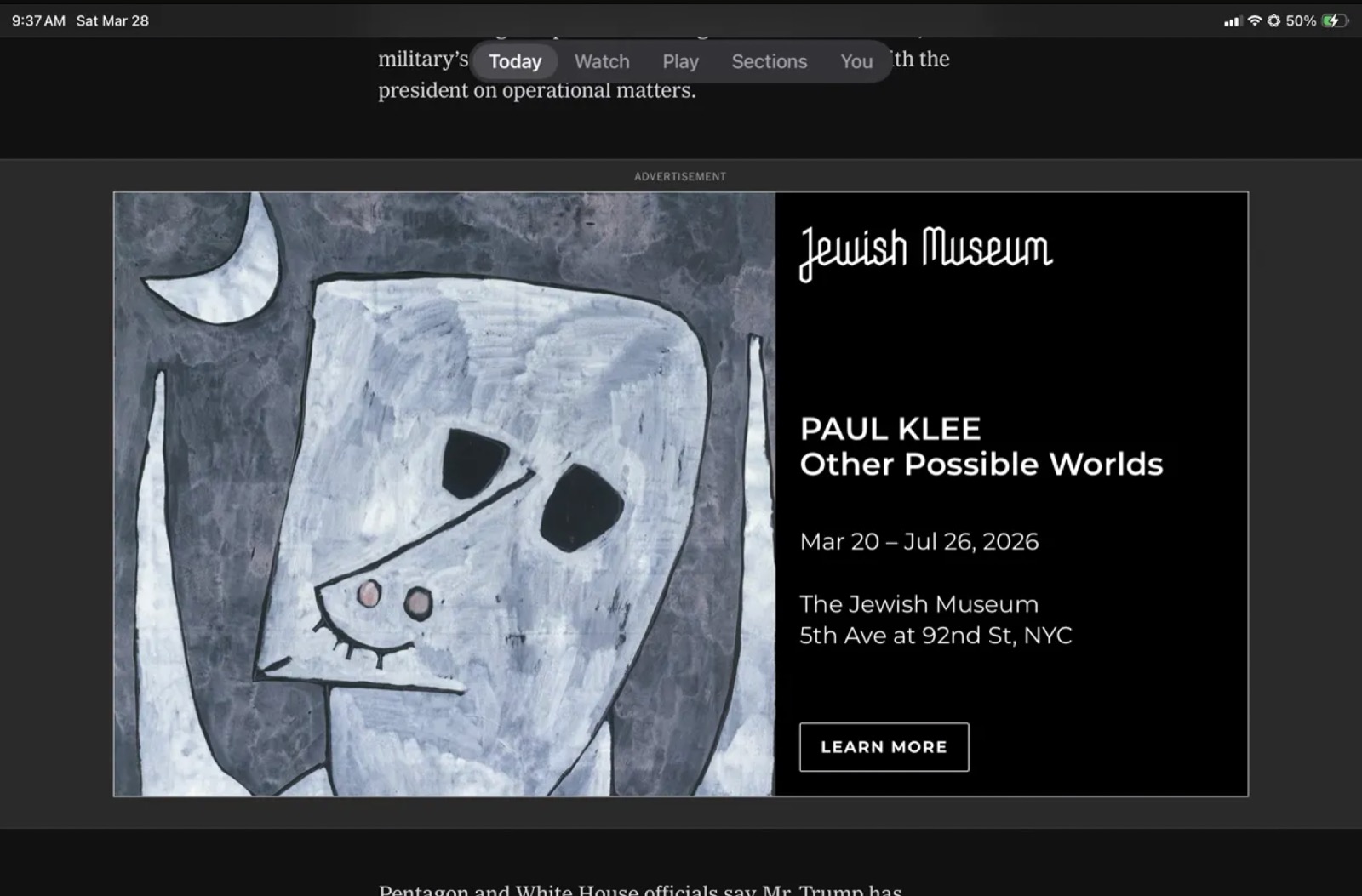 A Jewish Museum digital ad for Paul Klee’s Other Possible Worlds, showing one painting, the artist, exhibition title, dates and museum name.